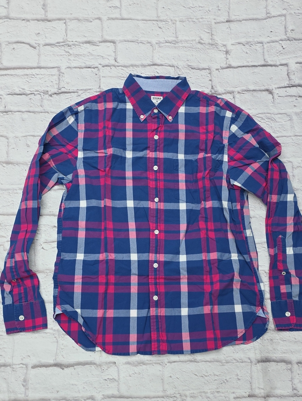 Bonobos Button Down Shirt Size Medium Plaid Blue Pink Standard Fit Long Sleeve